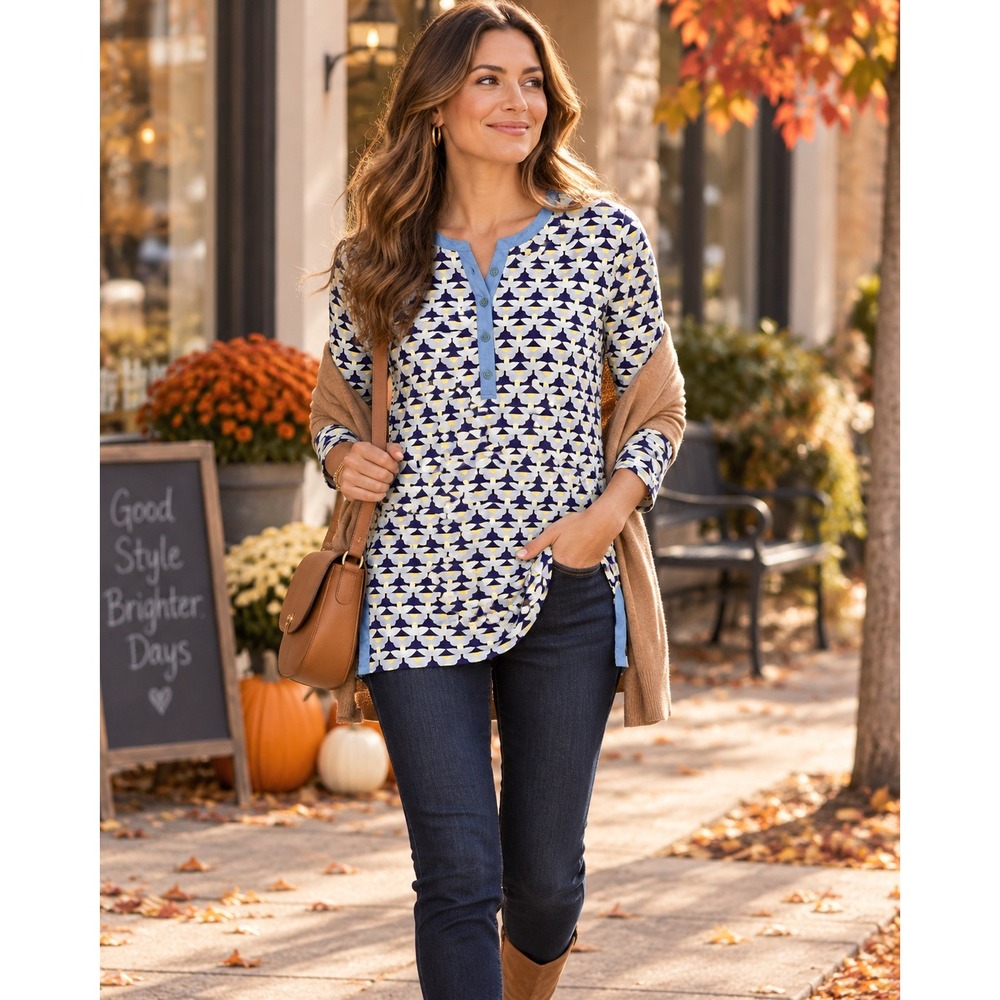 J McLaughlin Tunic Top Women Small Blue Geometric Catalina 3/4 Sleeve Preppy